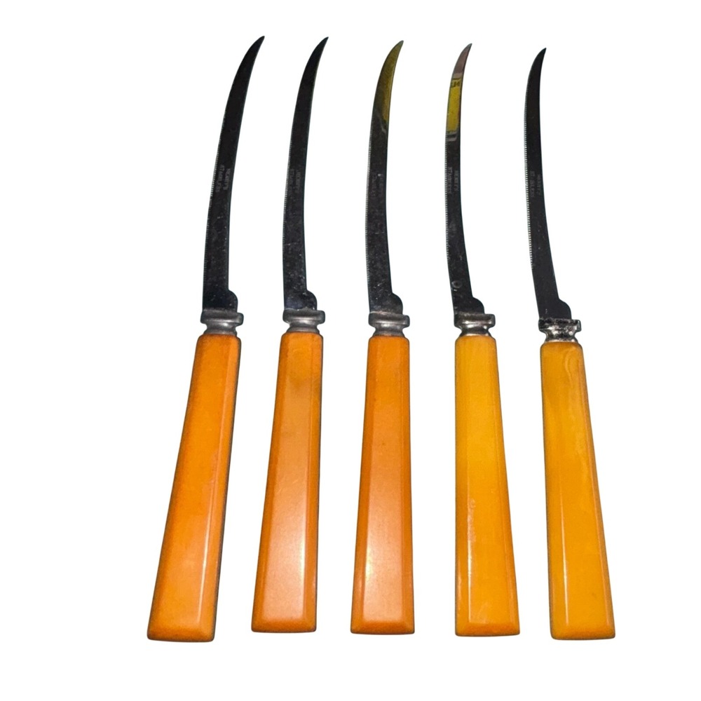 Vintage Henry's Stainless Steel Steak Knives Set Amber Bakelite Handles Set of 5